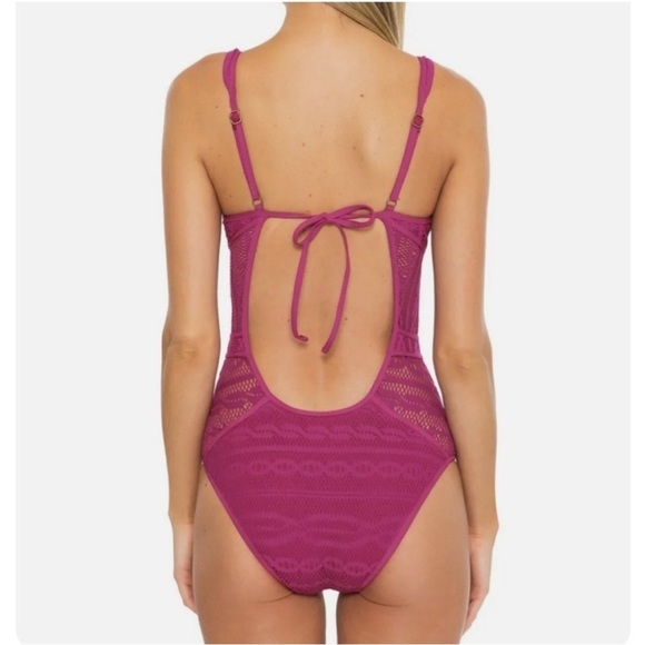 BECCA by Rebecca Virtue Color Play Fuchsia Crochet One Piece Swimsuit EUC Size L - Picture 2 of 10